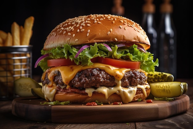 Closeup shot of a juicy beef burger with melted cheese looks absolutely delicious