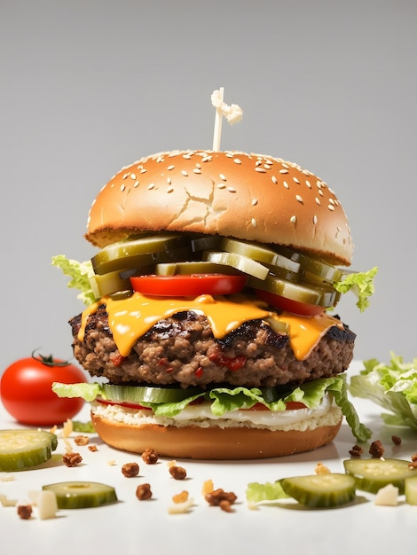 closeup shot juicy beef burger with melted cheese tomatoes lettuce pickles on a sesame seed bun