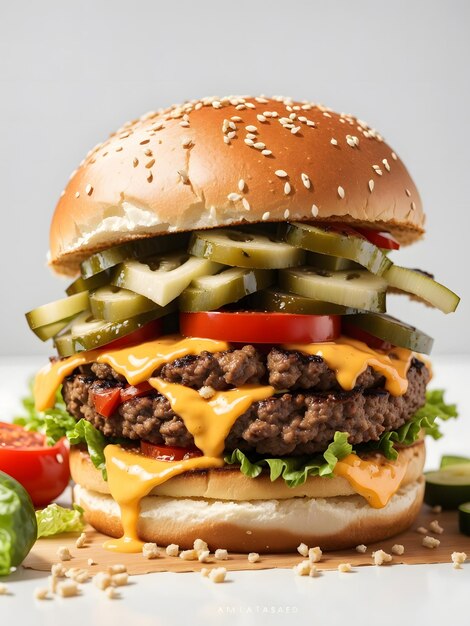 closeup shot juicy beef burger with melted cheese tomatoes lettuce pickles on a sesame seed bun