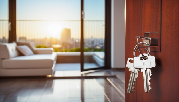 Closeup shot of keys inside the lock of an apartment door against the outoffocus modern living room