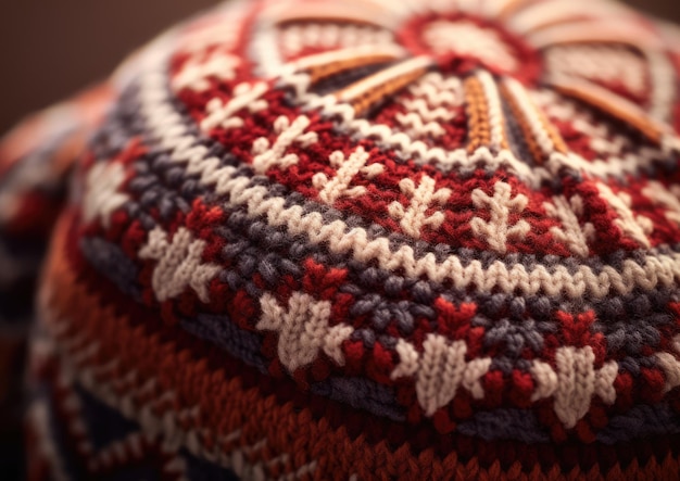 A closeup shot of a knitted hat showcasing the intricate Fair Isle pattern The camera angle is