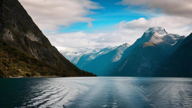 Closeup shot of a lake and mountains in the milford sound new zealand