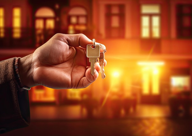 Крупный план домовладельца, держащего связку ключей, с акцентом на замысловатую связку ключей.