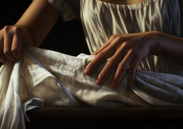 Близкий снимок рук стиральщицы, осторожно вытирающей мокрую одежду, прежде чем повесить ее на сушку