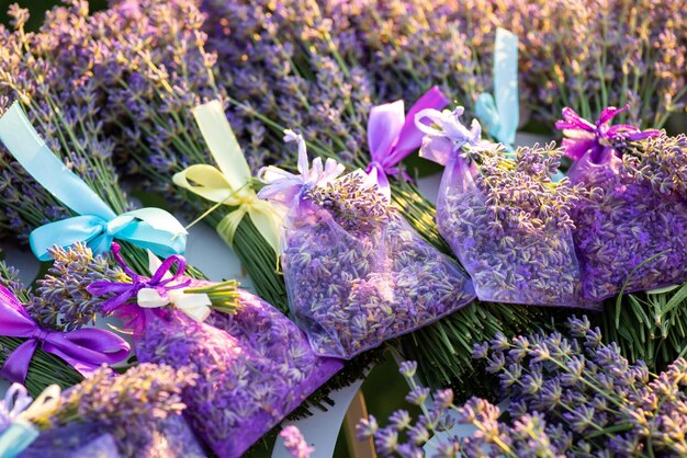 Closeup shot of lavender sachets on bouquets for sale