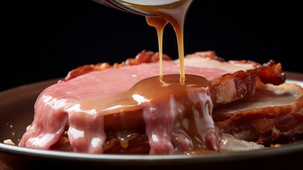 Closeup shot of leftover gravy poured over cold meat