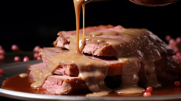 Closeup shot of leftover gravy poured over cold meat