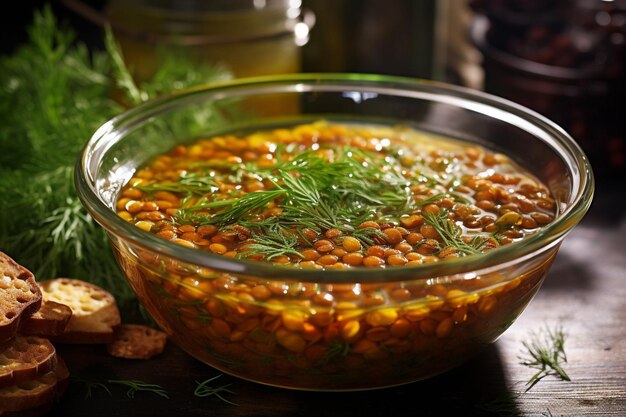 Photo closeup shot of lentil soup in a clear glass bowl showing off the layers of ingredients