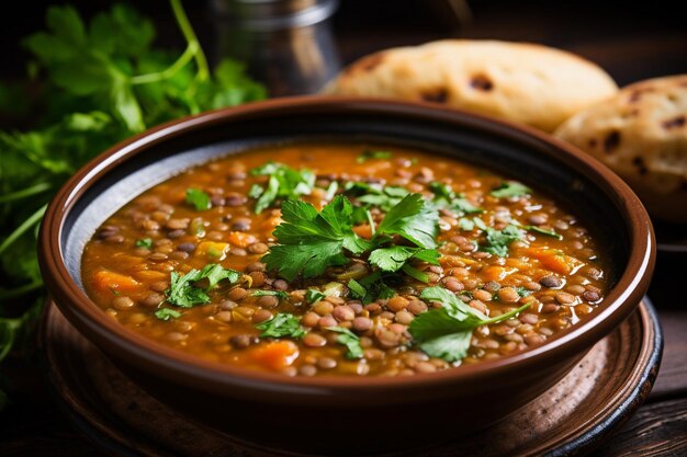 Photo closeup shot of lentil soup garnished with a sprig of fresh thyme