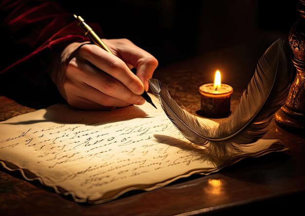 Photo a closeup shot of a librettist's hands delicately holding a quill pen capturing the intricate det