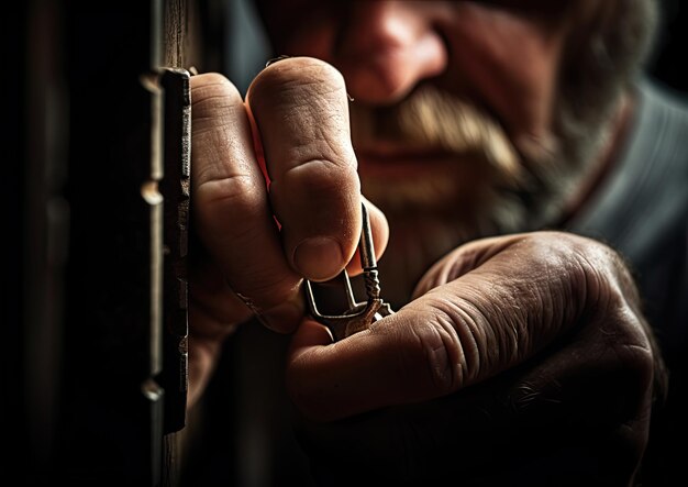 Photo a closeup shot of a locksmith's hands using a tension wrench and pick to open a lock showcasing th