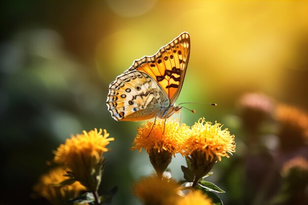꽃에 앉아 큰 날개를 가진 사랑스러운 나비의 근접 촬영 샷
