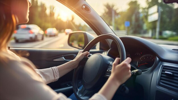 Photo closeup shot of a lovely woman driving a car