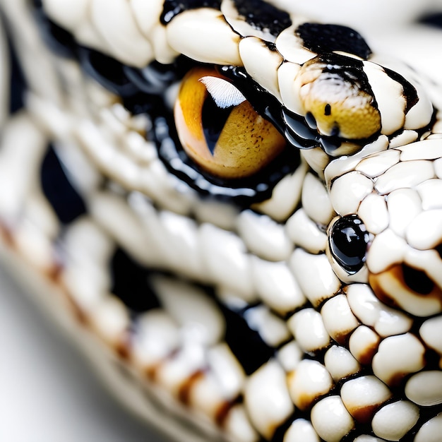 Foto scatto di primo piano e macro per gli occhi di serpente su sfondo bianco