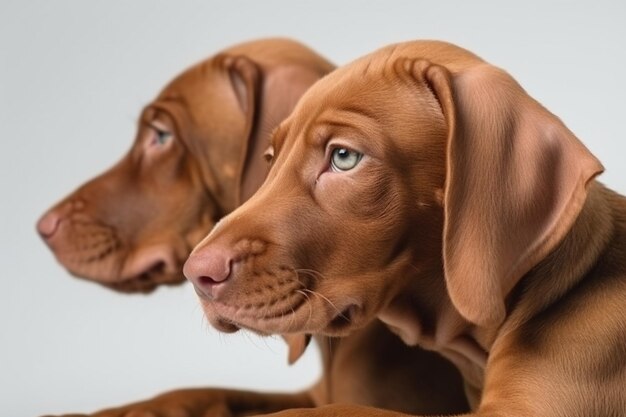 흰색 표면에 고립 된 Magyar Vizsla 강아지의 근접 촬영 샷