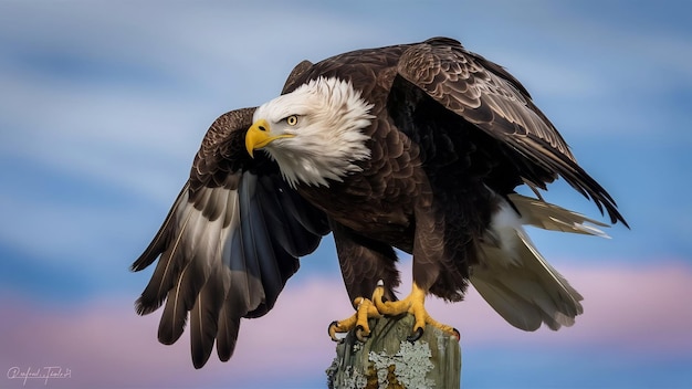 Closeup shot of a majestic bald eagle about to fly from a wooden post on a cool day