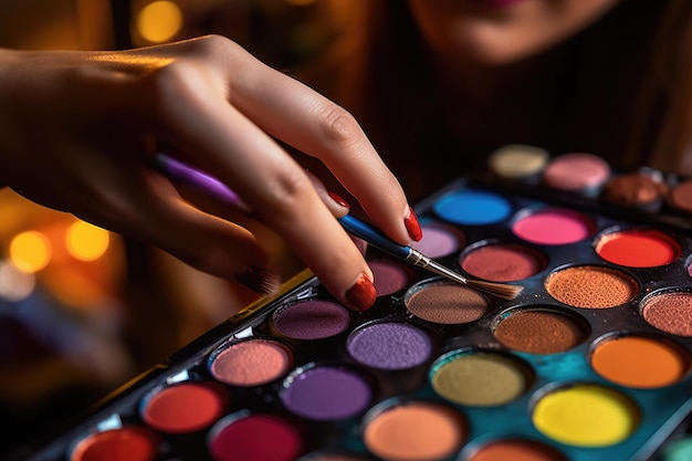 Closeup shot of a makeup artist's hands on a color palette applying vibrant eyeshadow Generative AI