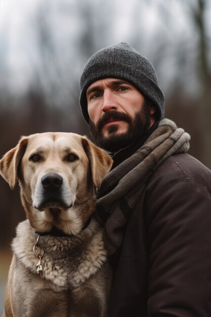 Closeup shot of a man and his dog standing outside created with generative ai