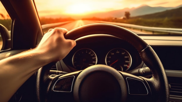 Closeup shot of a man's hands on the steering wheel