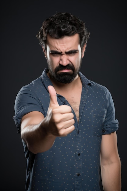 Closeup shot of a man showing thumbs down in studio