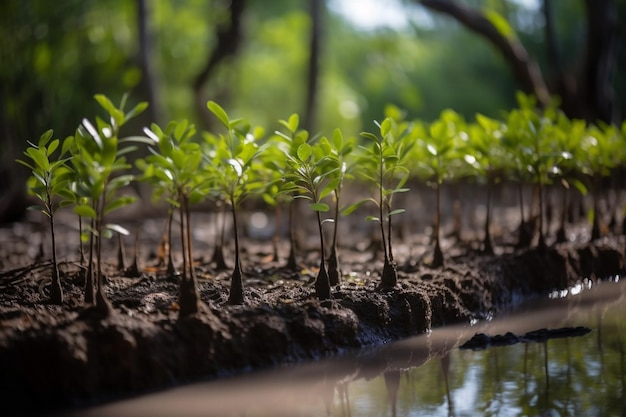 Closeup shot of mangrove tree saplings planted in the forest of trapeang sangkae in kampot