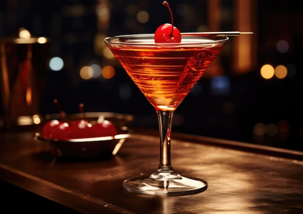 A closeup shot of a Manhattan cocktail with a maraschino cherry and orange twist garnish