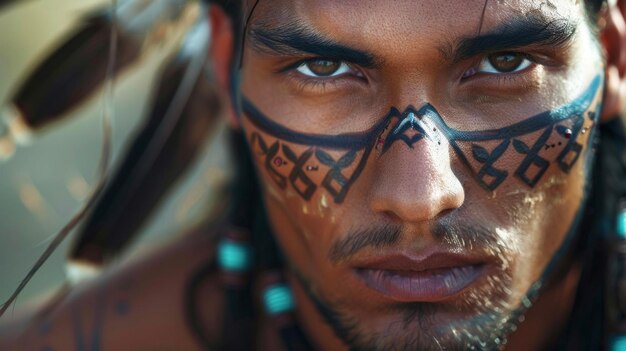 Photo a closeup shot of a mans face painted with intricate tribal markings in earthy tones his intense