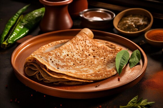 A closeup shot of a masala dosa being rolled up before serving