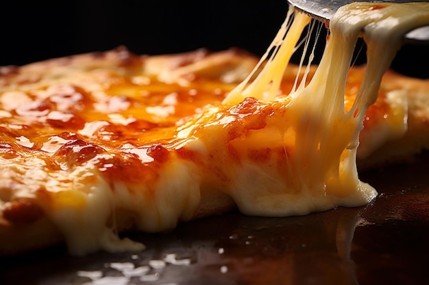 Photo closeup shot of melted cheese stretching from a cheese pizza slice