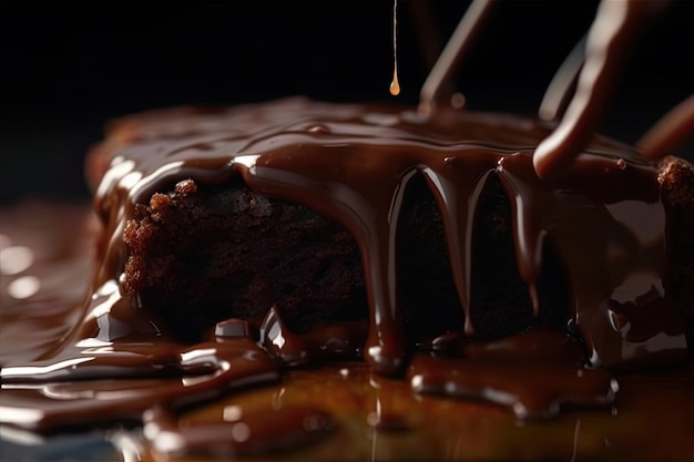 Foto colpo del primo piano di cioccolato fuso che viene versato su una torta al cioccolato dolce su uno sfondo scuro