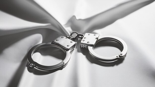 Photo closeup shot of a metal handcuffs on white