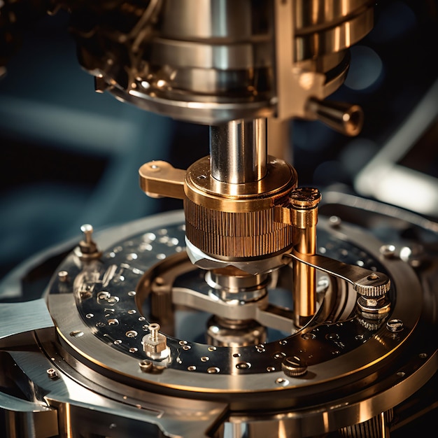 Closeup shot of microscope with metal lens at lab