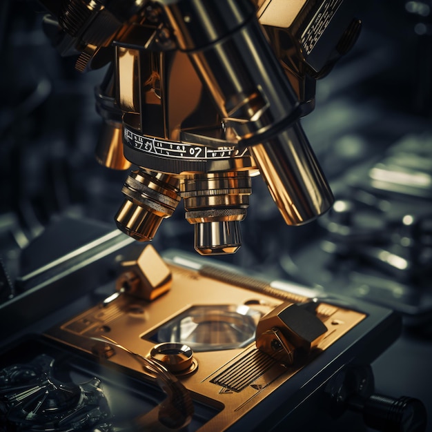 Closeup shot of microscope with metal lens at lab