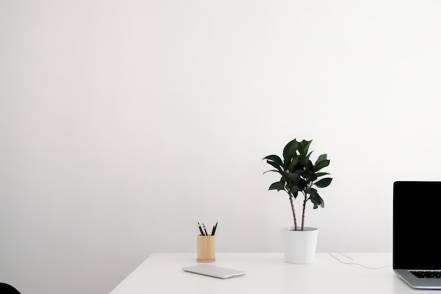 Близкий снимок минималистского рабочего пространства с белым рабочим столом