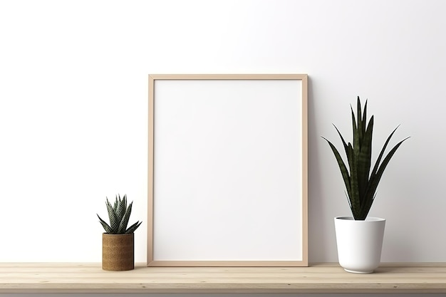 Closeup shot of a mockup frame in a white room featuring natural wood furnishings Generative Ai