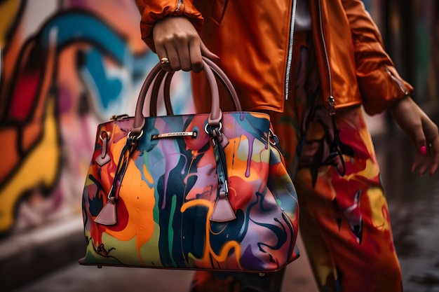 A closeup shot of a model's hand holding a designer handbag with colorful graffiti in the background Generative Ai