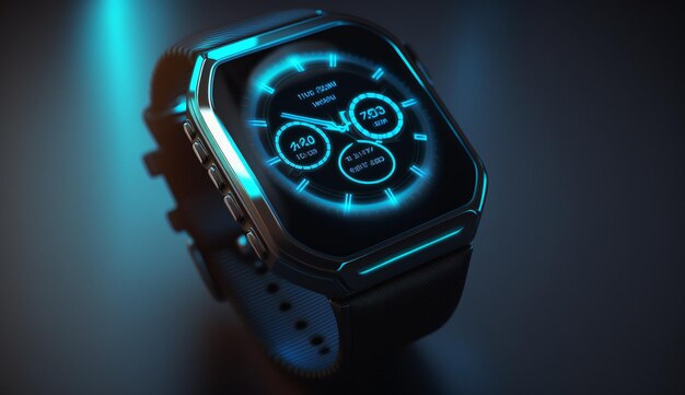 A closeup shot of a modern smart watch with a blue technology lights background Generative AI