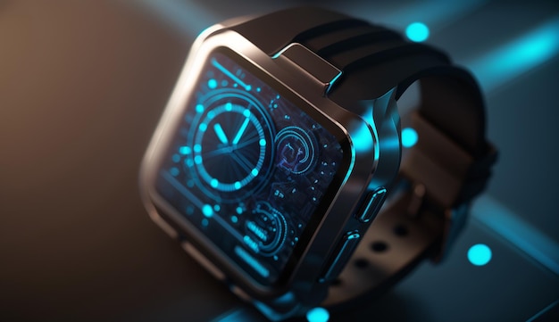 A closeup shot of a modern smart watch with a blue technology lights background Generative AI