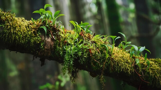 Closeup shot of moss and plants growing on a tree branch in the forest