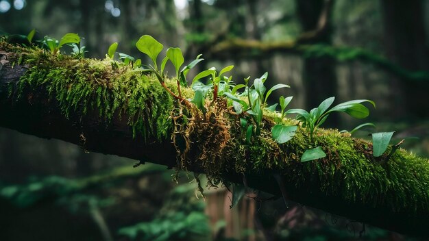 Closeup shot of moss and plants growing on a tree branch in the forest