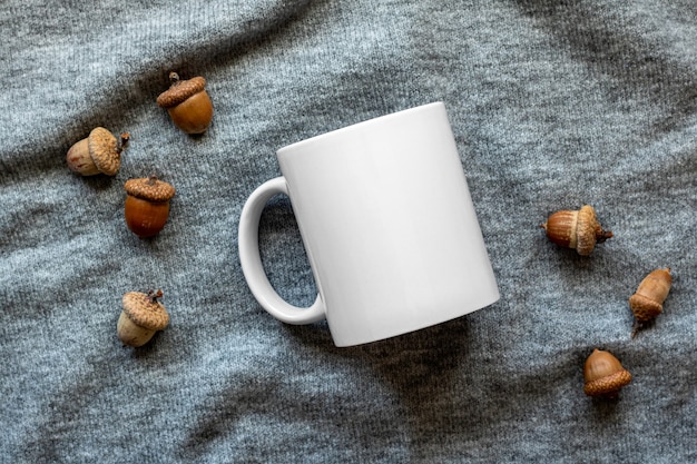 Closeup shot of a mug and acorns