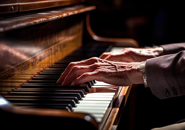 Foto un primo piano delle mani di un musicista che suona un pianoforte a coda catturandone gli intricati dettagli