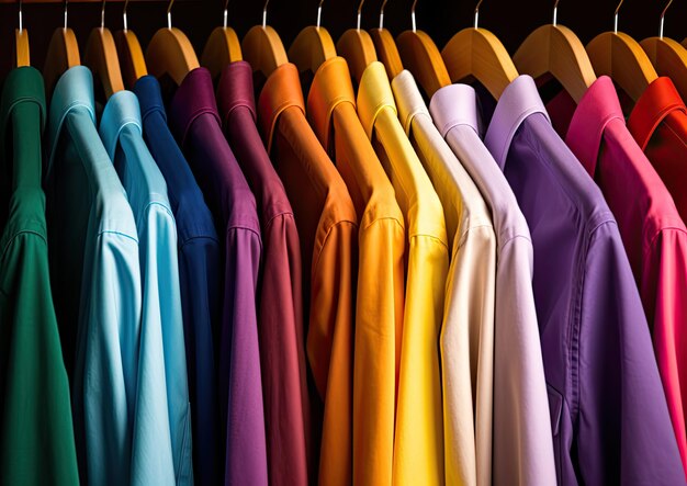 A closeup shot of a neatly arranged row of colorcoded shirts hanging in a welllit closet