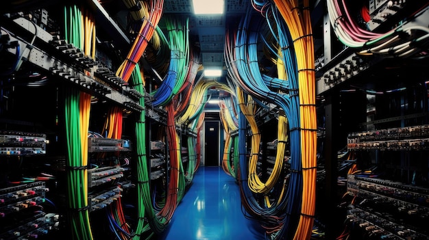 Photo closeup shot of networking cable management located in the server room