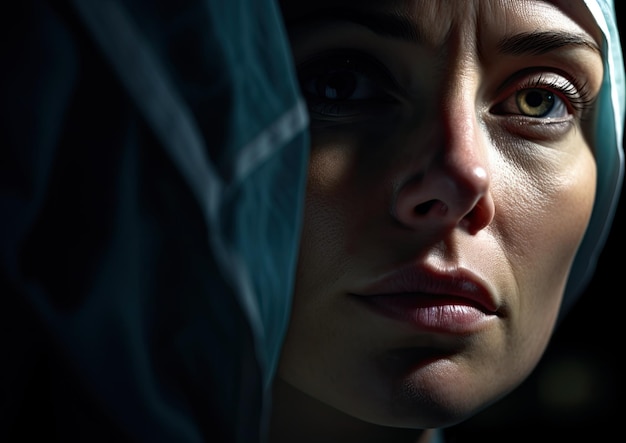 A closeup shot of a nurse's face with dramatic lighting casting shadows and emphasizing their