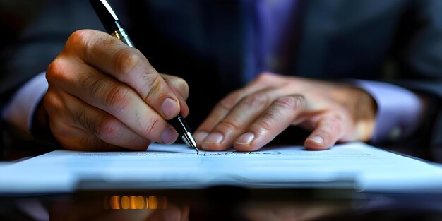 사진 계약서에 서명하는 사업가의 클로즈업  (영어: close-up shot of a businessman's hands signing a contract symbolizing a deal being made) 은 상징적인 의미를 지니고 있다.