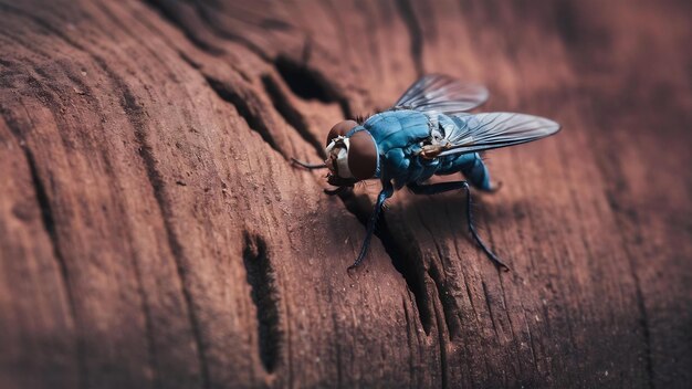 Фото Близкий снимок мухи на коричневой деревянной поверхности