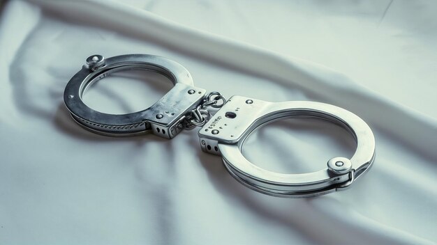 Фото Близкий снимок металлических наручников на белом