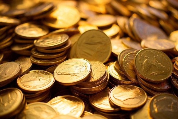 Фото Крупный снимок кучи криптовалютных золотых монет
