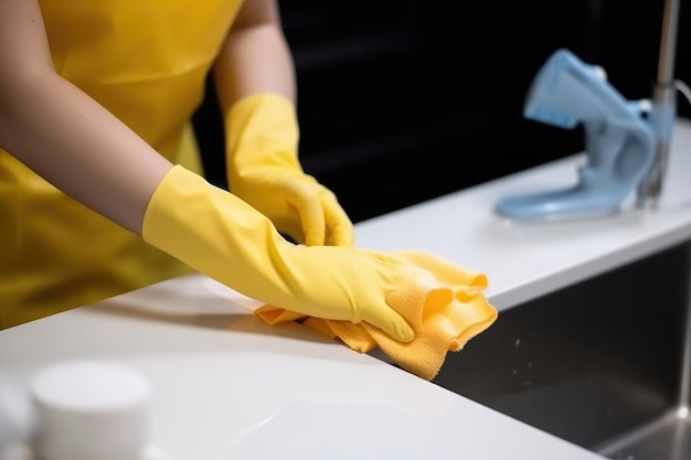 Фото Снимок крупным планом женщины в одноразовых перчатках во время уборки, созданный с помощью генеративного ии